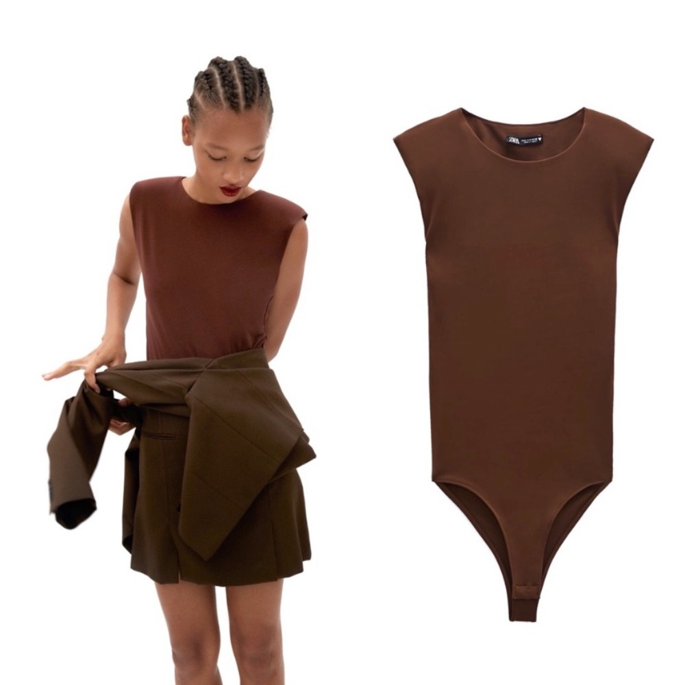 Zara Boxy Chocolate Brown Shoulder Pad Bodysuit